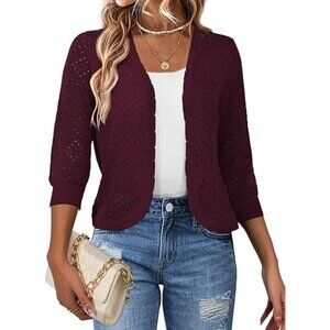 REDHOTYPE Women's L Burgundy 3/4 Sleeve Open Front Crop Shrugs Cardigan Sweater